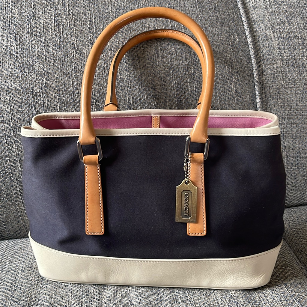 Coach Hampton Navy Canvas, Ivory & Tan Leather Small Tote Bag